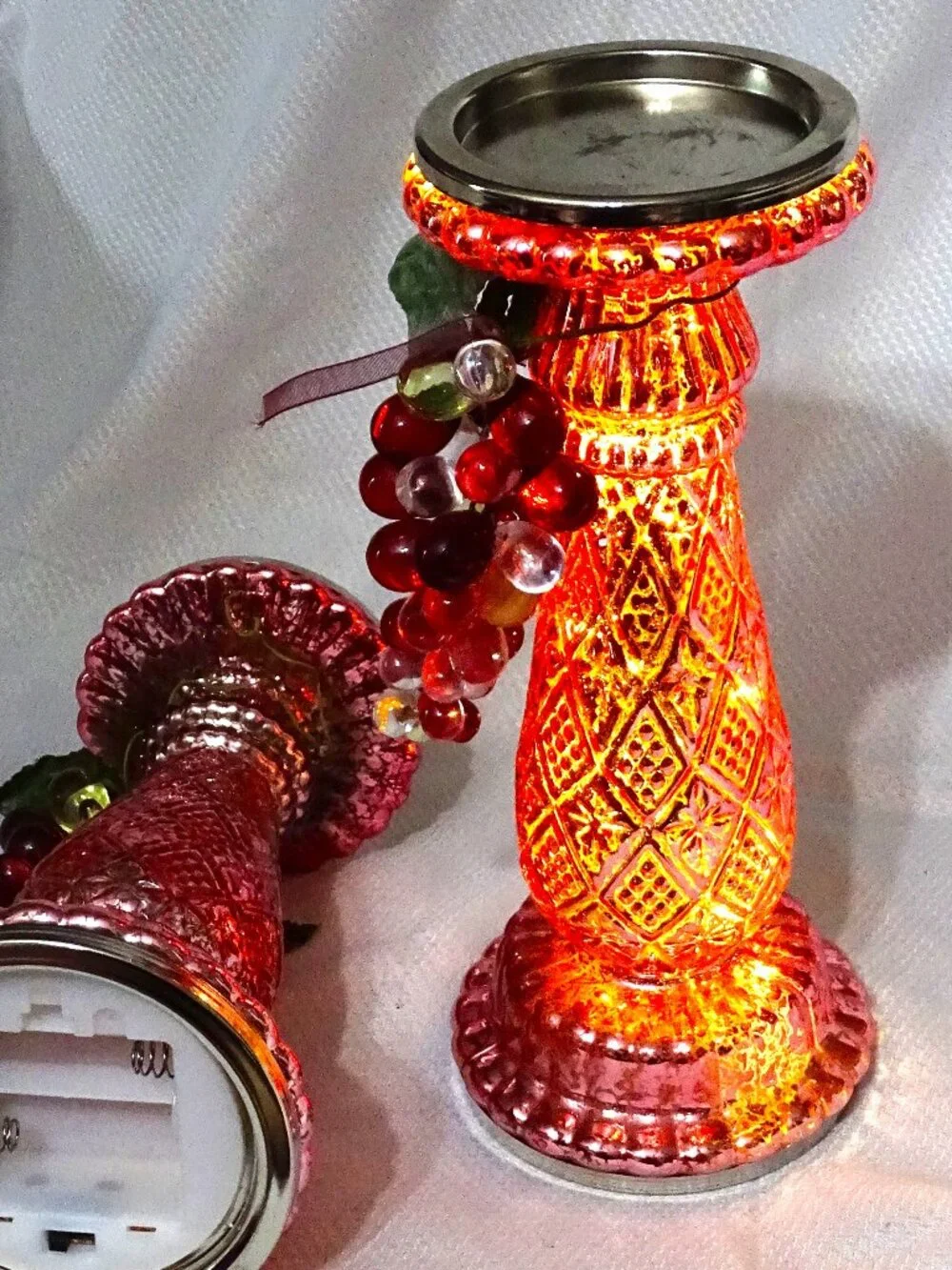 Pink Light  Up Glass Candlestick Holders with Glass Grapes